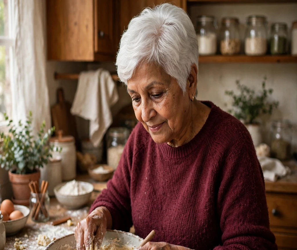 Older woman with a neat white side-swept pixie baking in a kitchen
