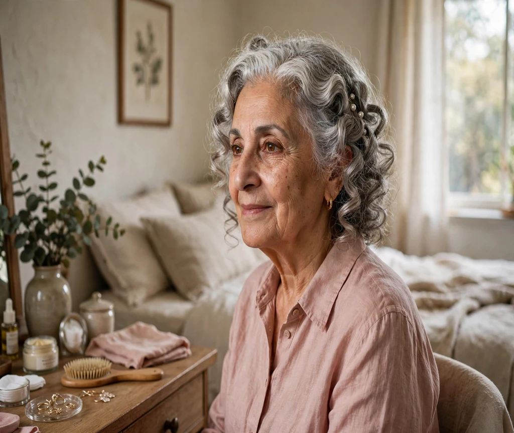 Woman over 70 with soft pinned silver curls at a vanity