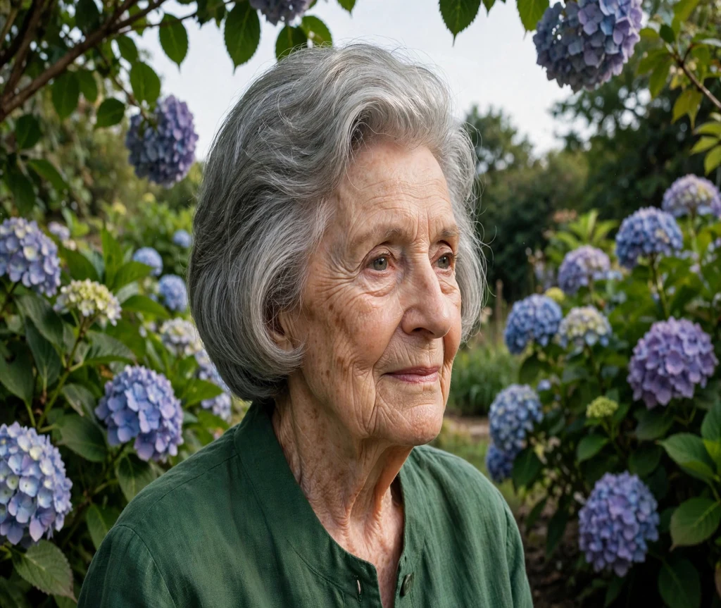 Woman in her 80s with a stacked graduated grey bob among hydrangeas