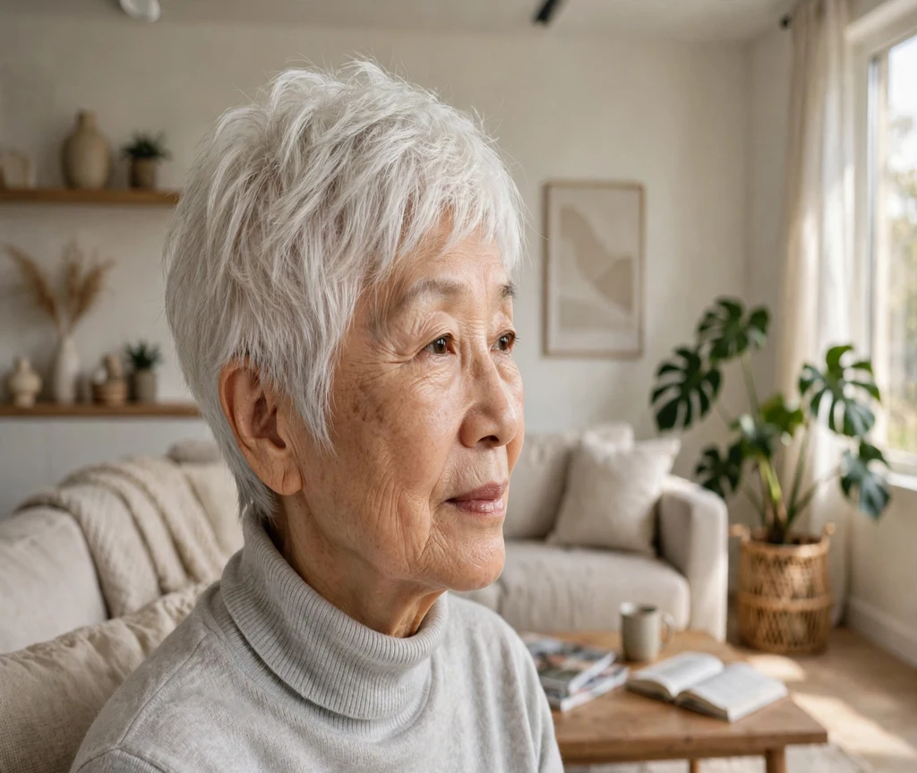 Older woman with a wispy layered white pixie in a modern living room