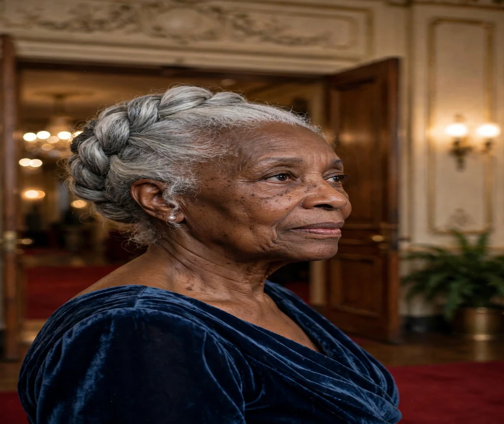 Older woman with an elegant silver twisted updo at a ballroom entrance