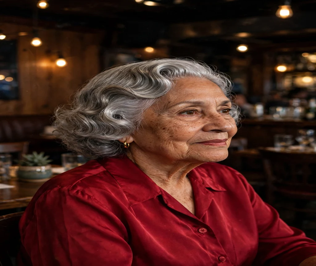 Woman over 70 with gentle silver finger waves in a jazz club