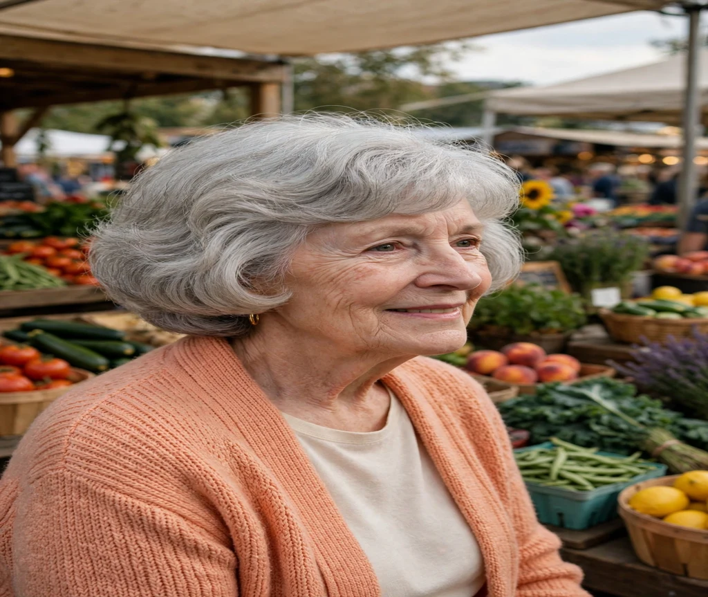 Older woman with a rounded bouncy grey bob at a farmers market