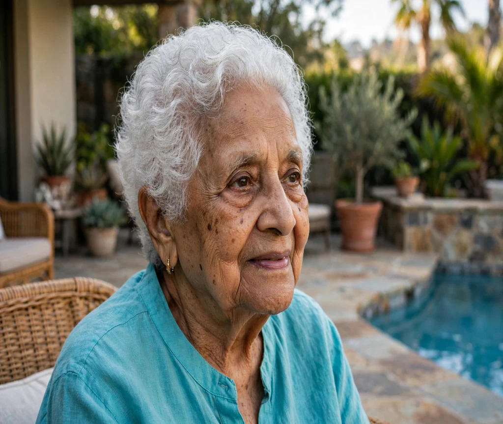 Woman in her 80s with a short white curly crop on a poolside terrace