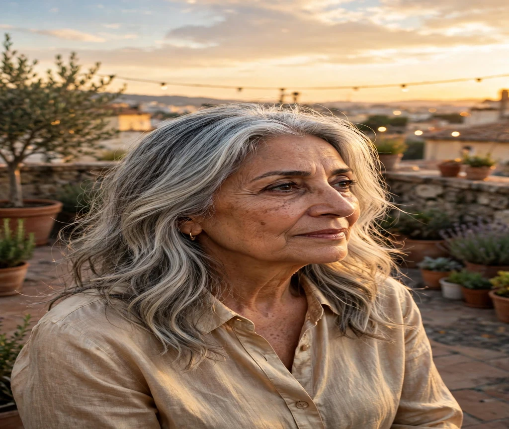Older woman with a long silver balayage lob on a rooftop terrace
