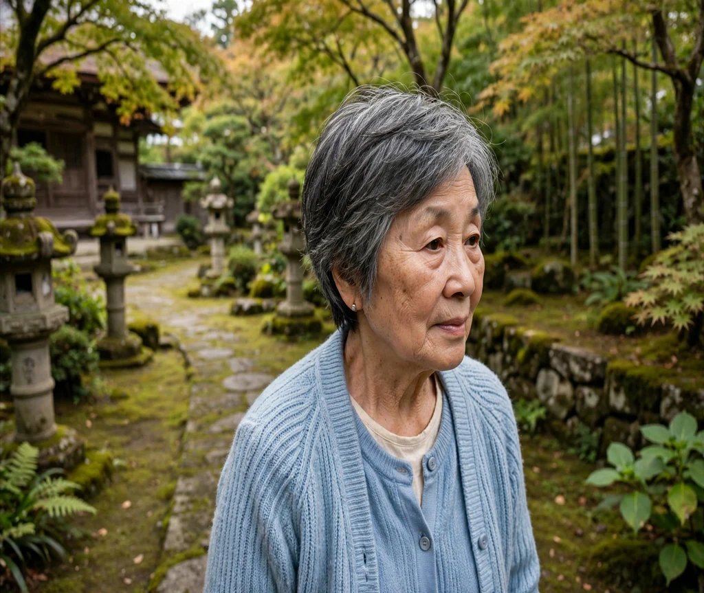 Older woman with a classic short charcoal-grey layered cut in a temple garden