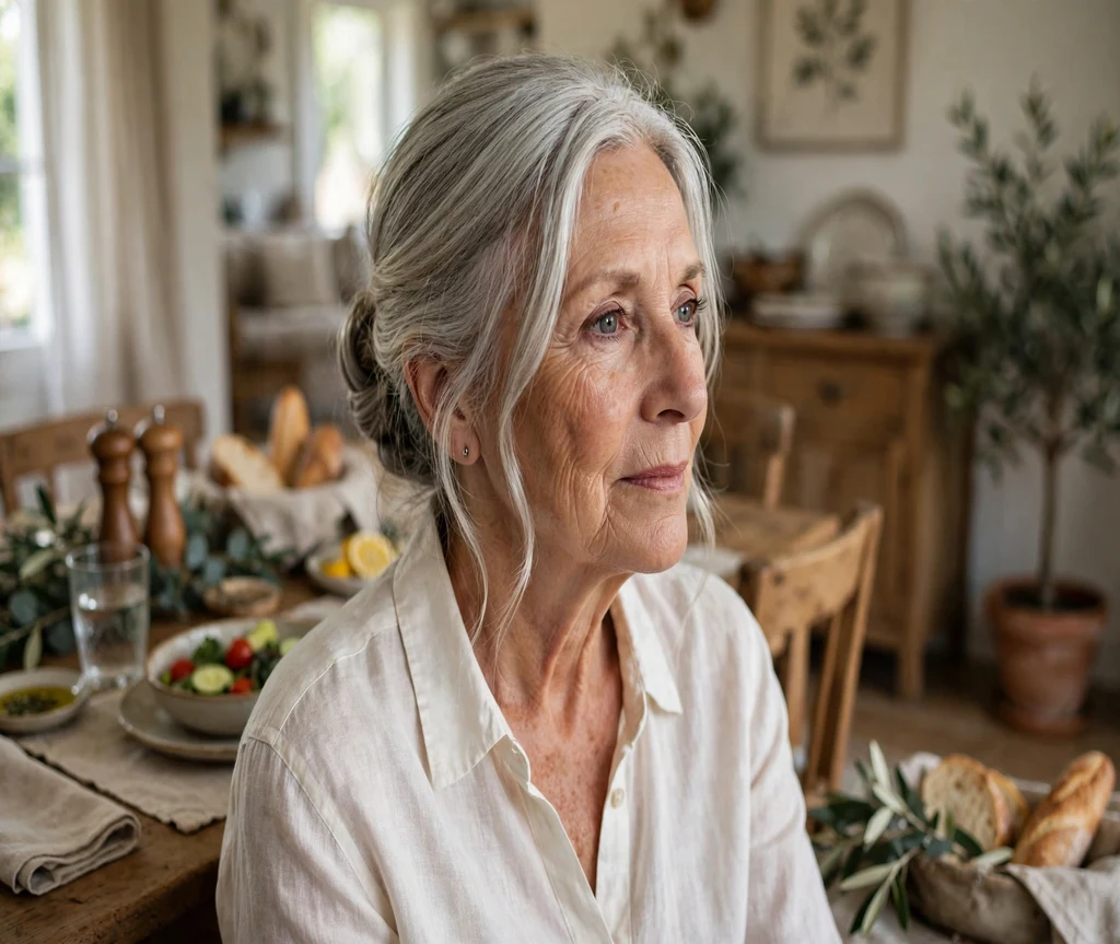 Woman over 70 with a low elegant silver bun at a family dining table
