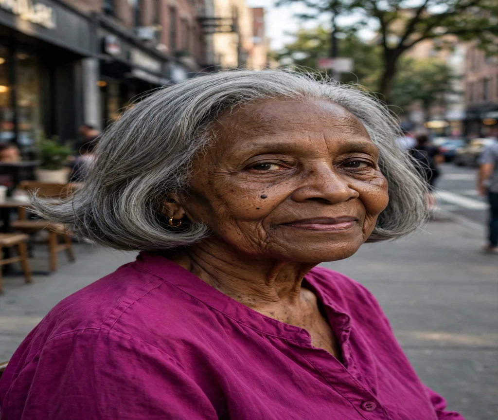 Older woman with a grey flipped-out bob on a city street