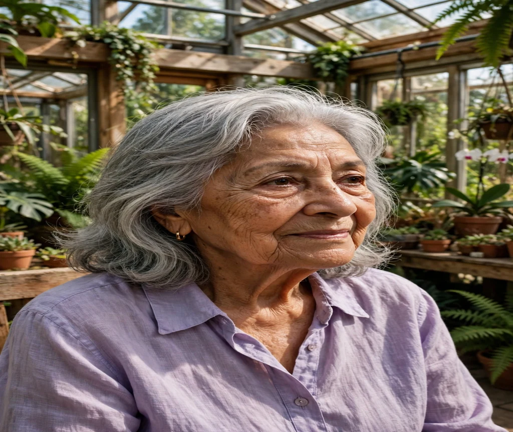 Woman in her 80s with soft feathered silver layers in a sunlit conservatory