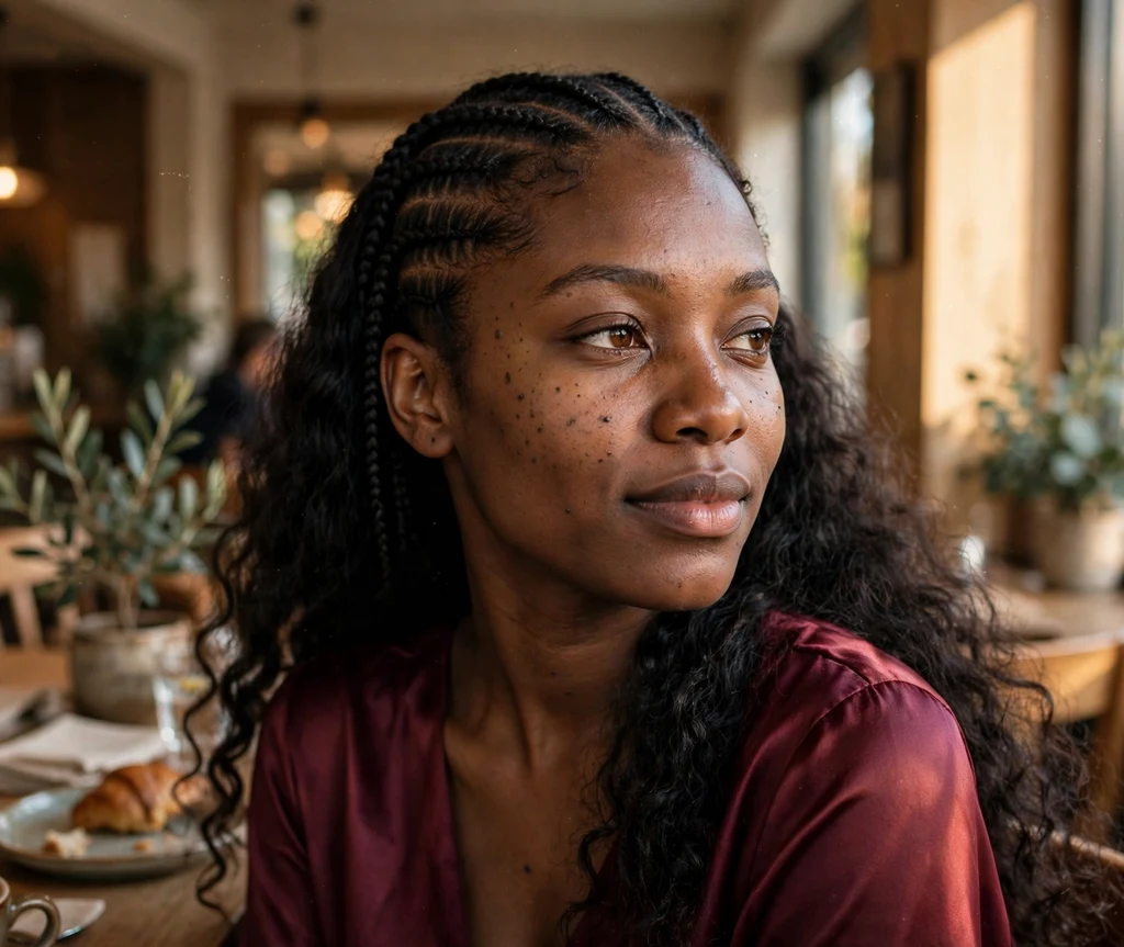 Black woman with half cornrows in front and long loose curly hair flowing at the back