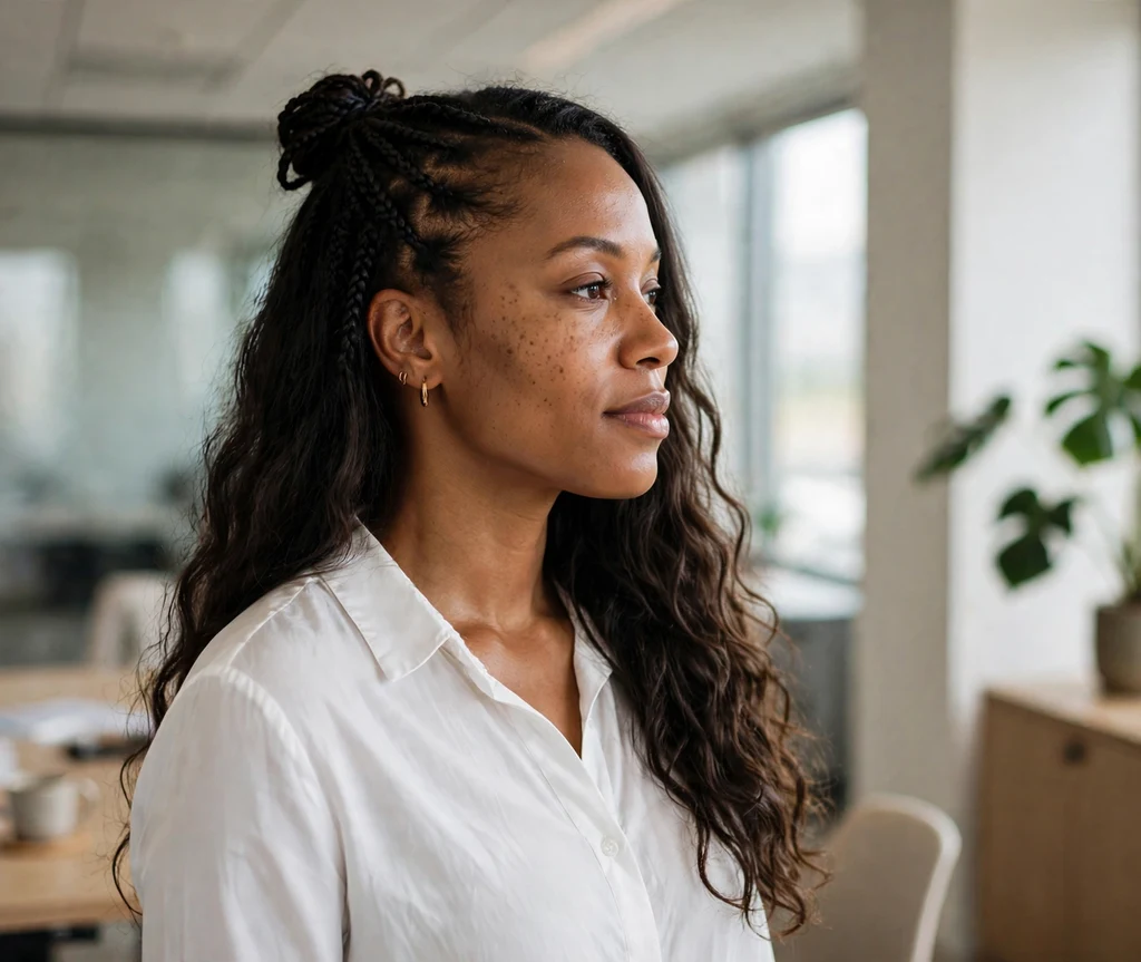 Black woman wearing half knotless braids with long loose wavy hair falling past her shoulders