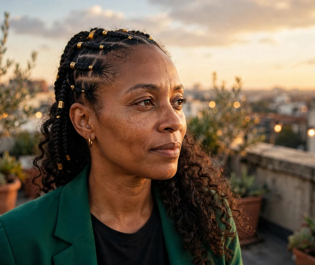 Black woman with half Fulani braids decorated with beads and soft loose hair at the back