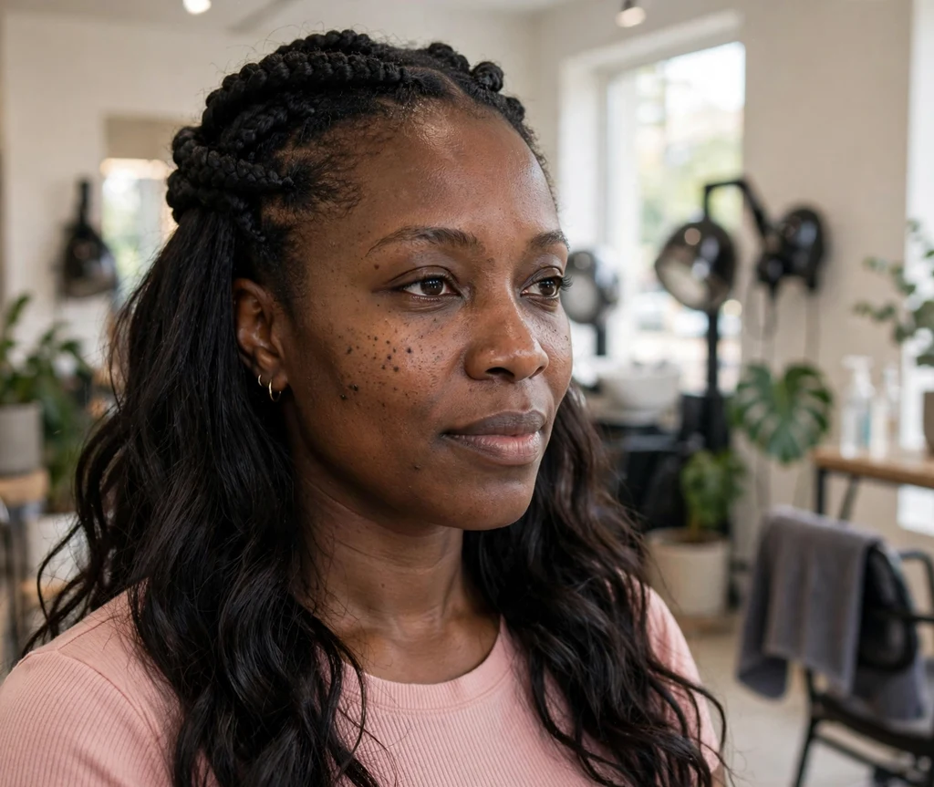 Black woman with half goddess braids and long wavy loose tresses