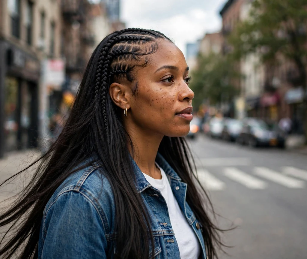 Black woman with half feed-in cornrows and silky straight loose hair