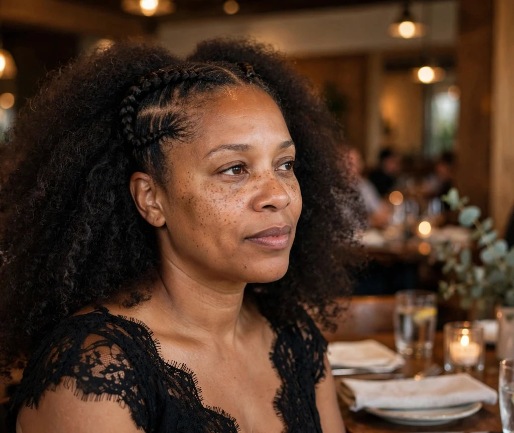 Black woman with two half French braids on top and a free-flowing natural afro at the back