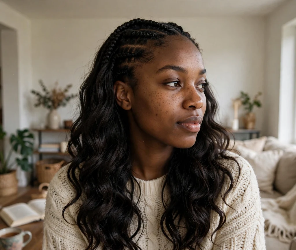 Black woman with half box braids on top and glamorous loose body waves