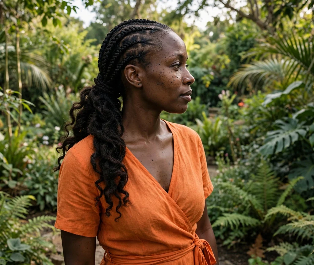 Black woman with braided top half and a defined loose twist-out at the back