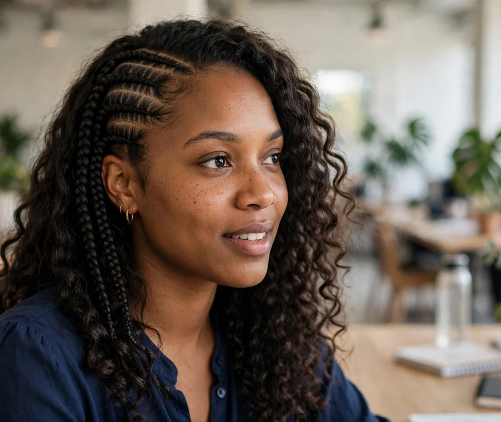 Black woman with half lemonade side braids and bouncy loose curls