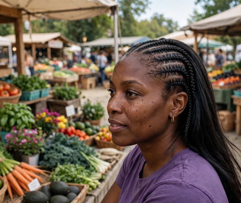 Black woman with precise half stitch braids and sleek straight leave-out hair