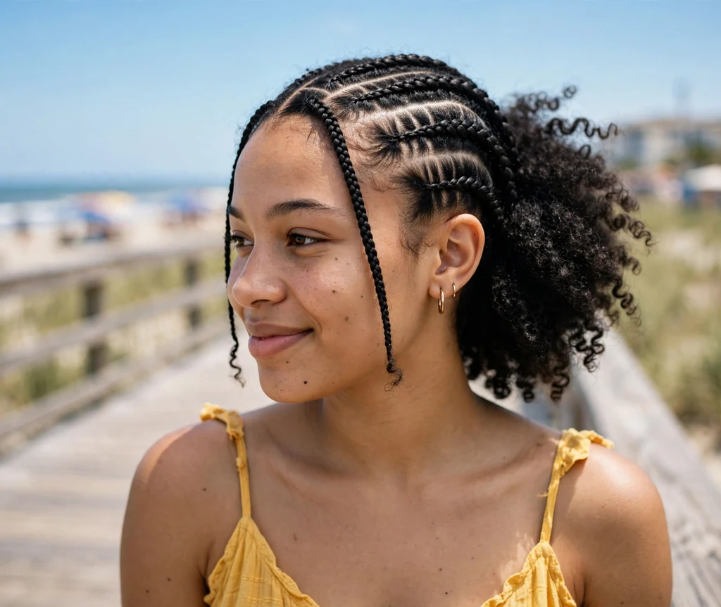Black woman with half tribal braids and defined natural coils at the back