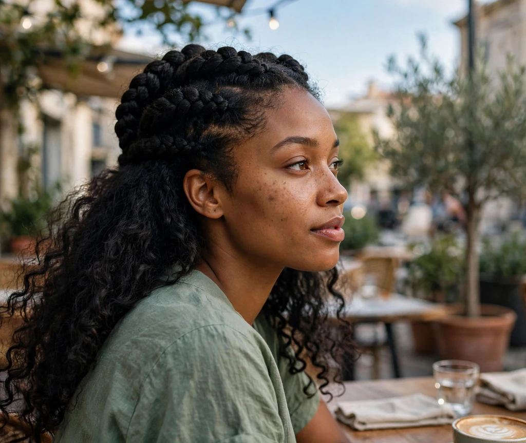 Black woman with half jumbo braids and thick natural hair left loose