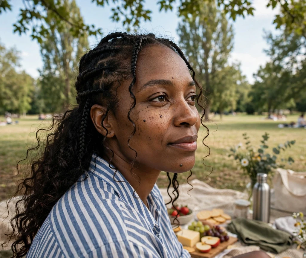 Black woman with half boho braids with wispy curly ends and loose hair