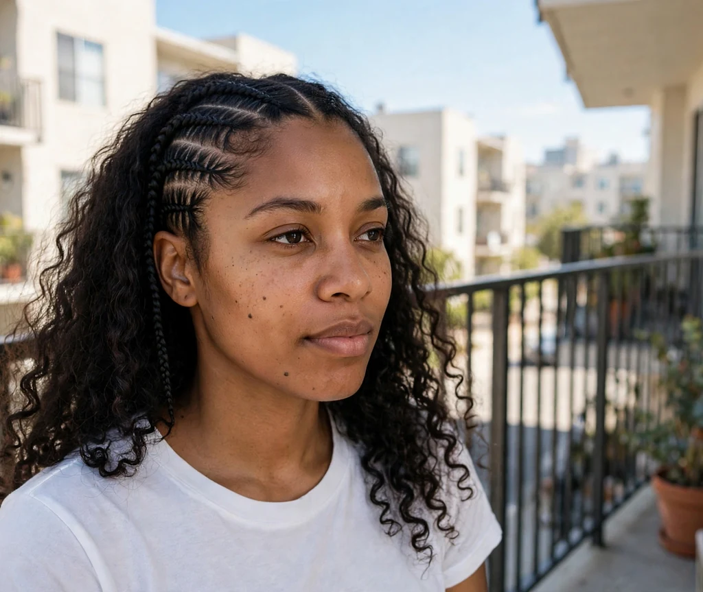 Black woman with cornrowed sides and loose hair with a middle part