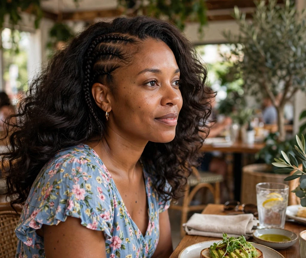 Black woman with half scalp braids and a layered blowout of loose hair