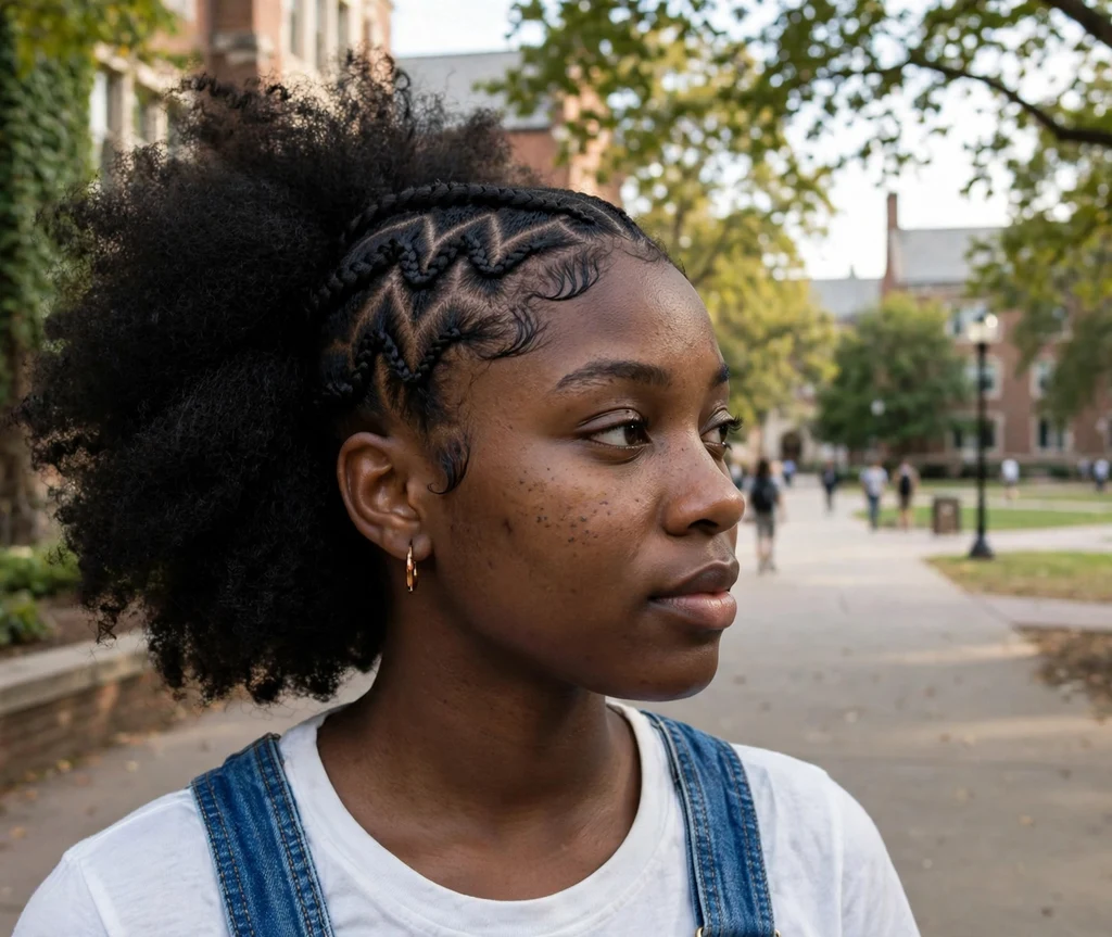 Black woman with half zigzag cornrows and voluminous kinky loose hair