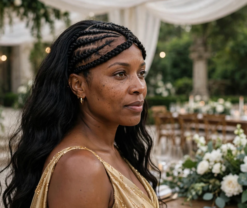Black woman with braided bangs across the forehead and loose hair at the back