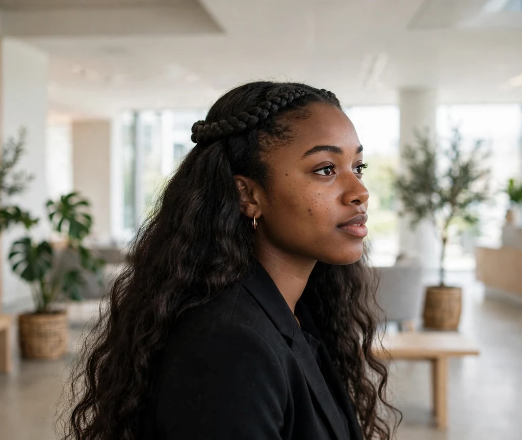Black woman with a half halo braid and long flowing hair beneath
