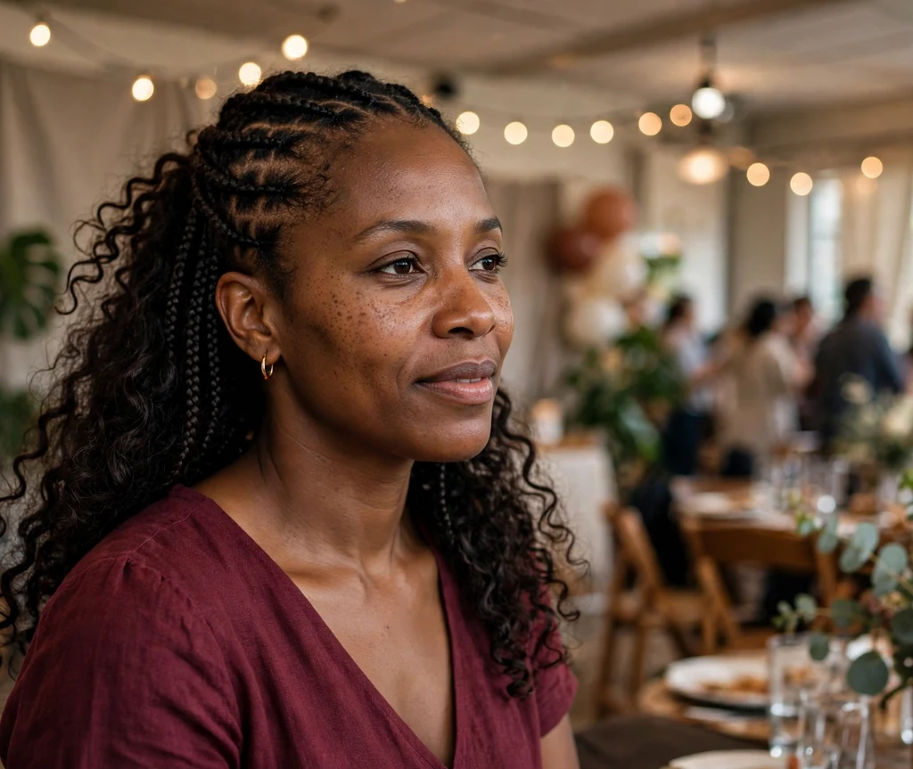 Black woman with half crochet braids and curly hair extensions left loose