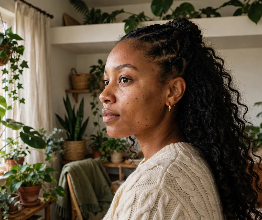 Black woman with braided half updo and a cascade of curls falling down