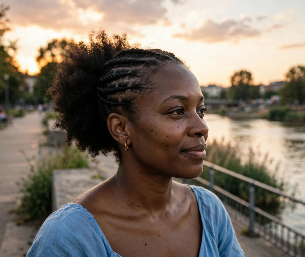 Black woman with half twisted braids and a natural afro leave-out