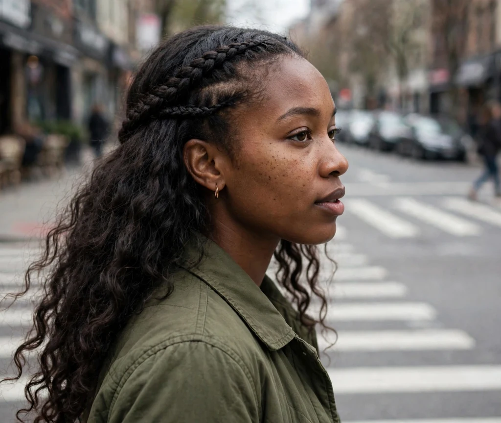 Black woman with a half waterfall braid and long loose locks