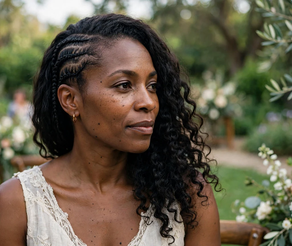 Black woman with side-swept half braids and loose hair on one side
