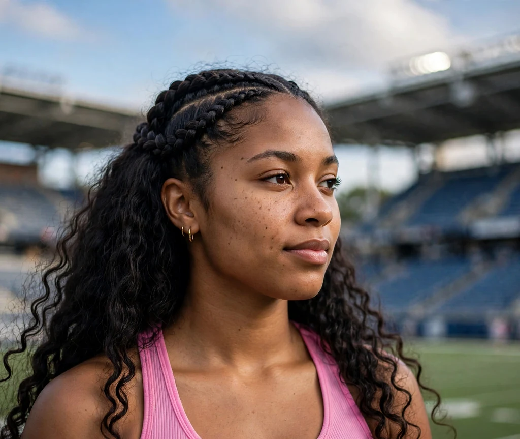 Black woman with half crown braids and long curls at the back