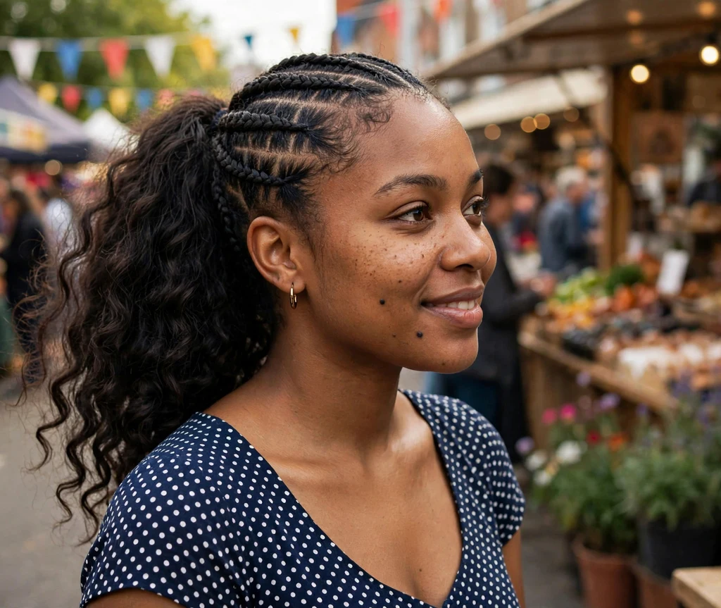 Black woman with a half braided high ponytail and loose waves
