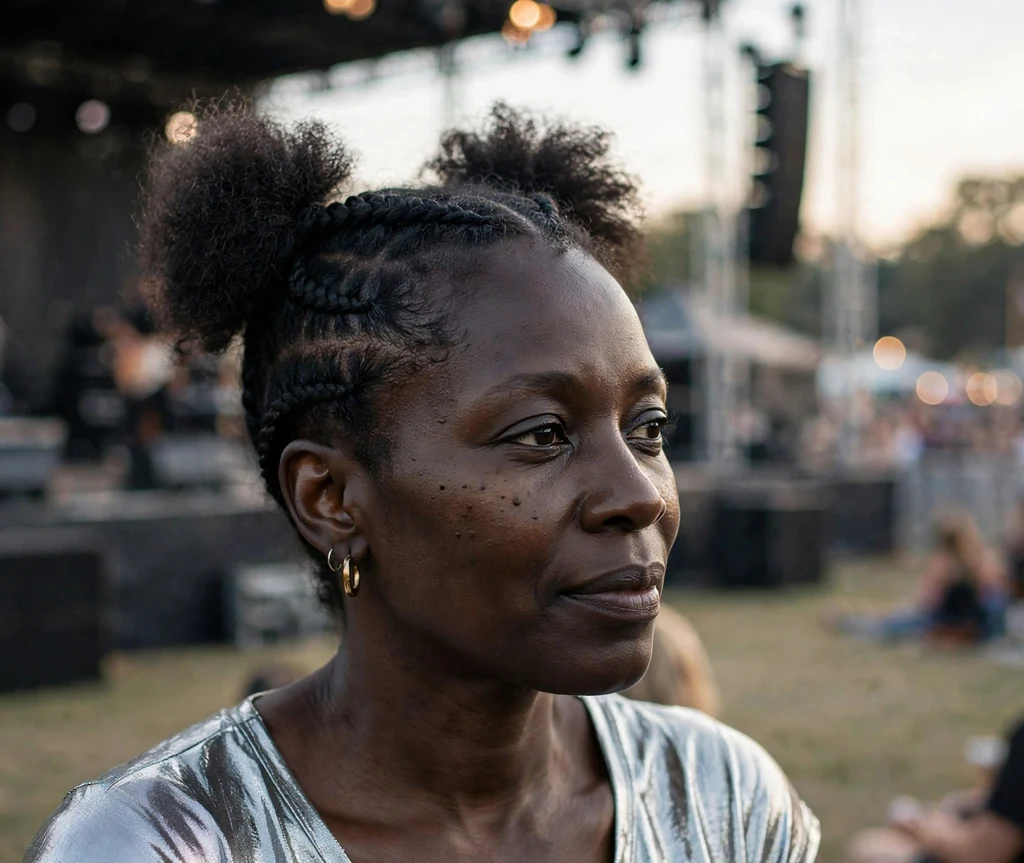 Black woman with half cornrows leading into two loose space buns