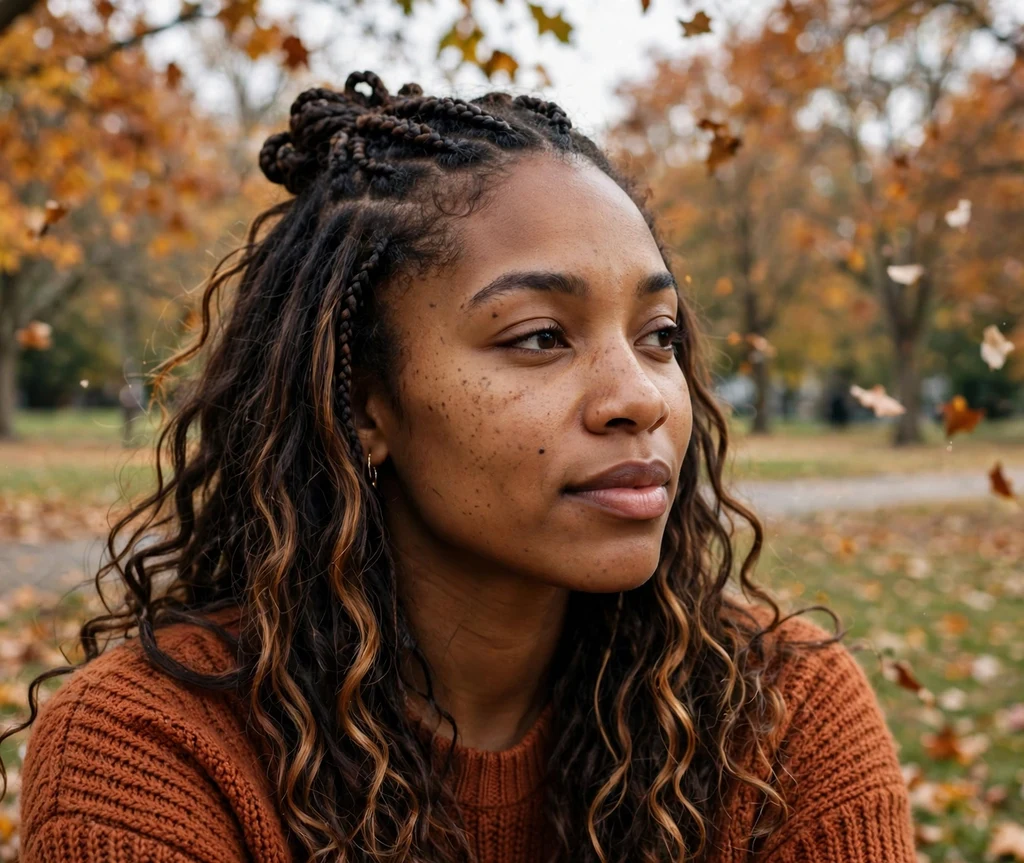 Black woman with half knotless braids and highlighted loose strands