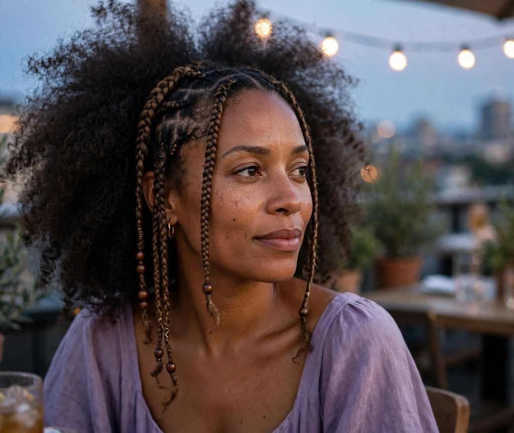 Black woman with half bohemian braids and a frizzy natural hair back