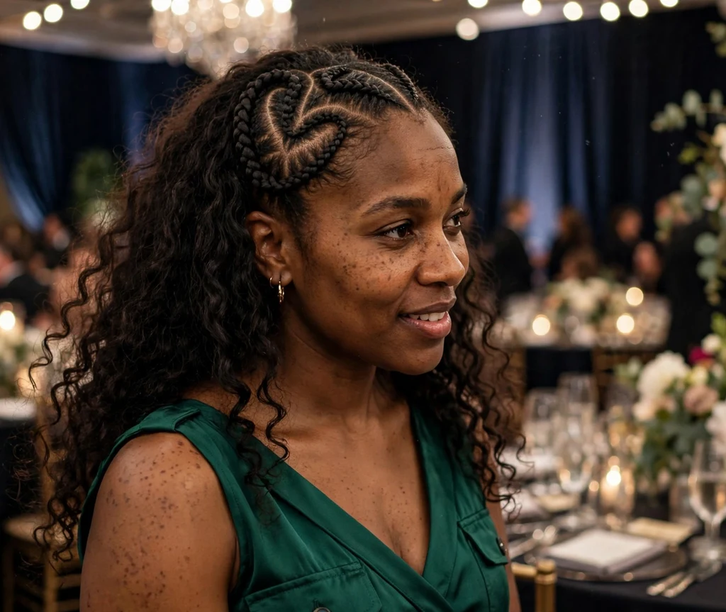 Black woman with heart-shaped part half braids and curly leave-out