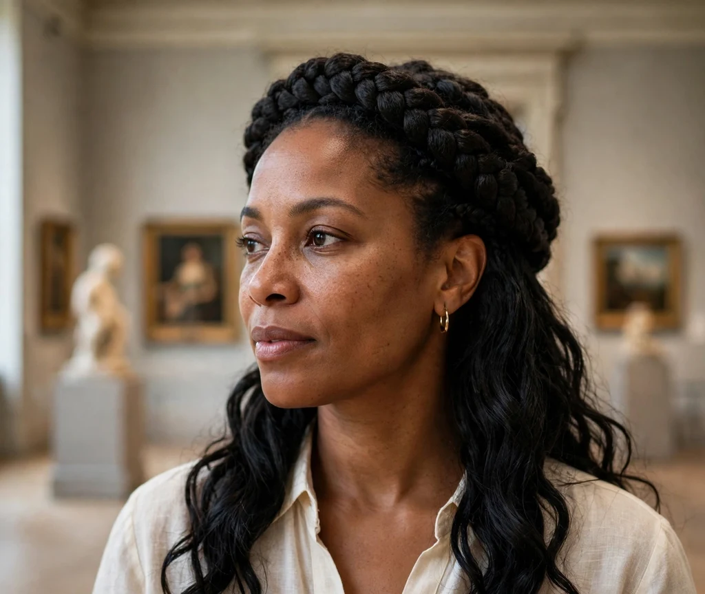 Black woman with regal half braids and elegant loose tresses