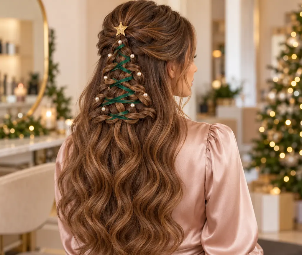 Half-Up Christmas Tree Braid with Loose Waves