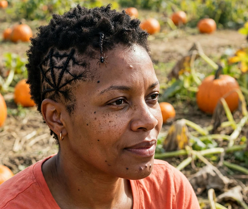Black woman in her mid-30s with a spiderweb braid crown pixie at a pumpkin patch