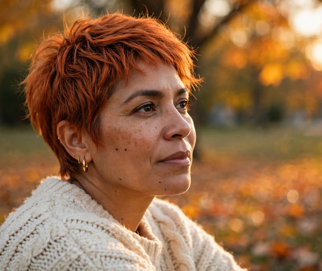 Latina woman in her early 40s with a copper-orange textured pixie among autumn leaves