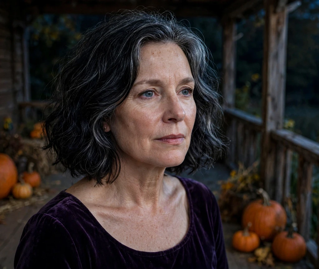 Woman in her mid-50s with a black wavy bob with silver streaks on a moonlit porch