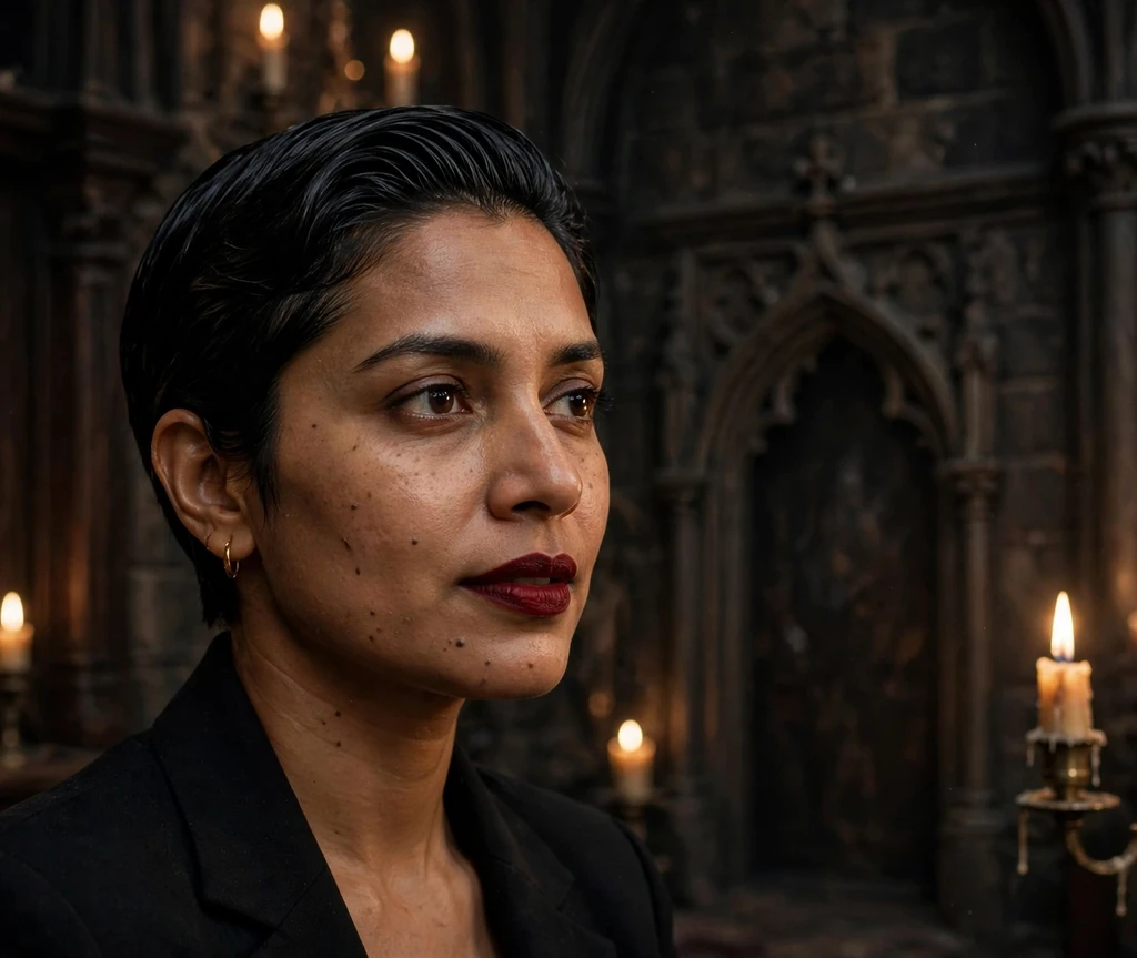 South Asian woman in her early 30s with a jet-black slicked-back pixie in a candlelit gothic room