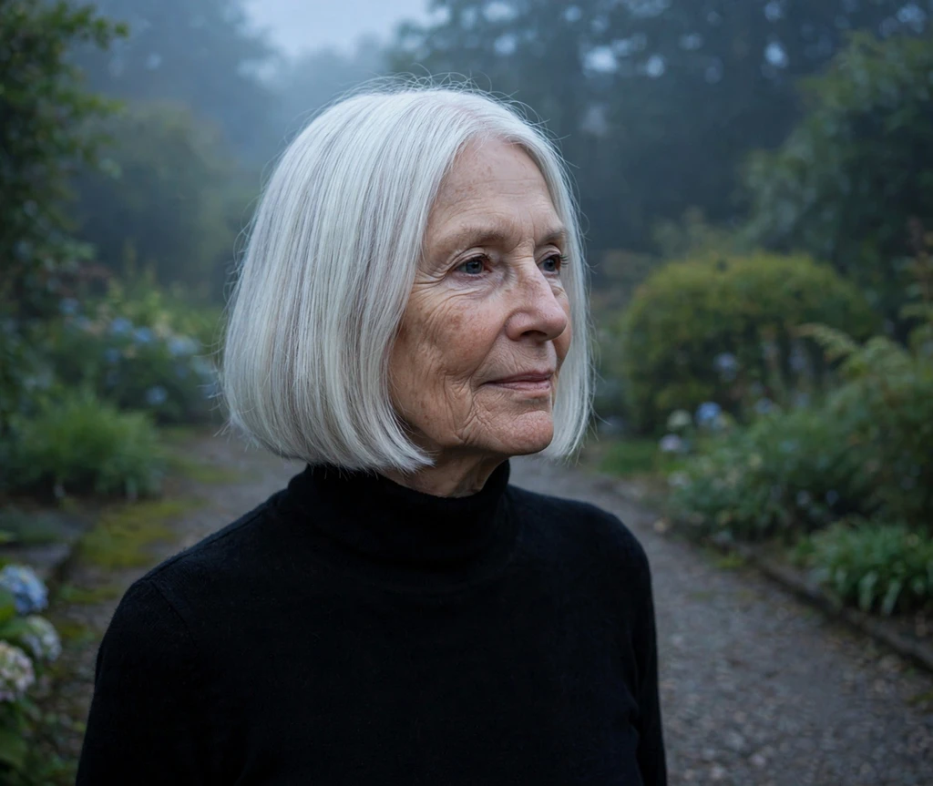 Woman in her early 70s with a straight white blunt bob on a misty garden path