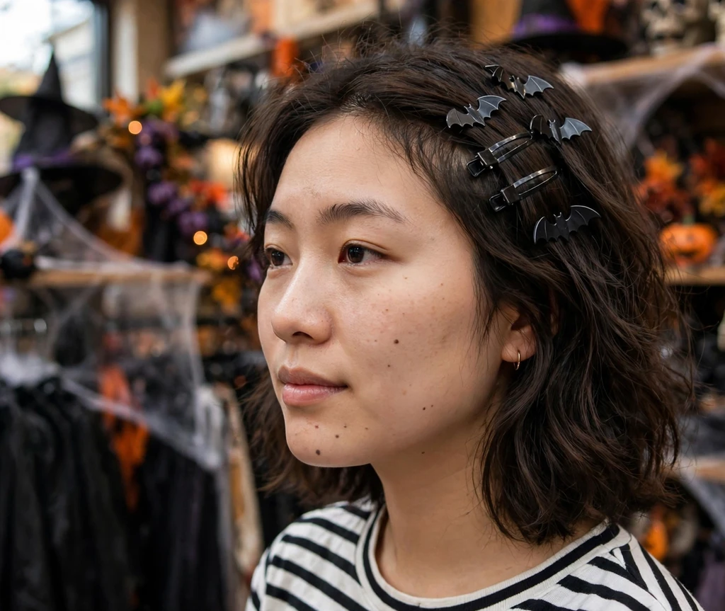 East Asian woman in her mid-20s with a textured lob decorated with small black bat hair clips